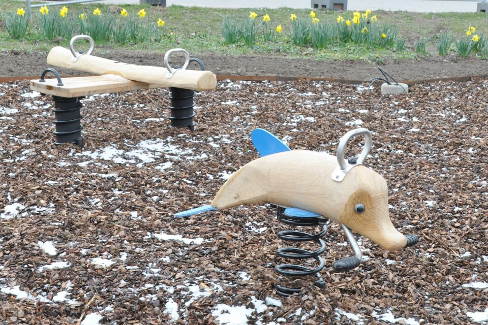 En fjädergunga som föreställer en delfin finns på den nya lekplatsen.