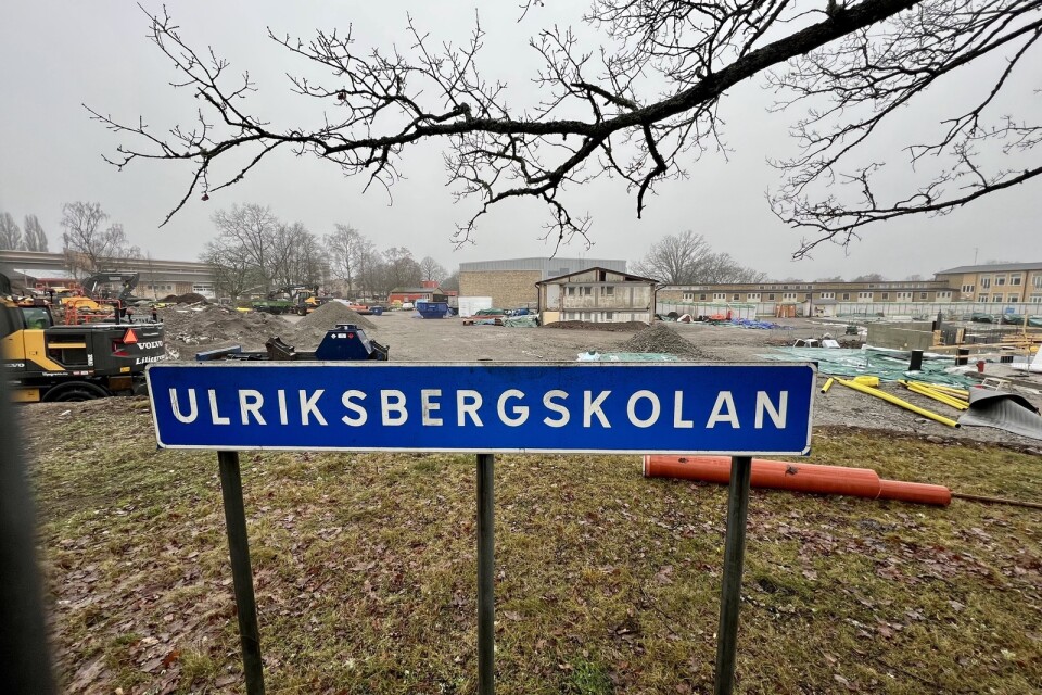 Skylt vid Ulriksbergskolan med den ursprungliga stavningen.