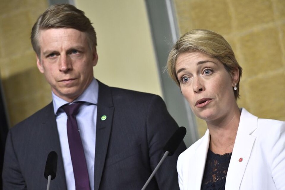 Finansmarknadsminister Per Bolund (MP) och socialminister Annika Strandhäll (S) företräder regeringen i pensionsgruppen, där också de fyra partierna i Alliansen ingår. Arkivbild.