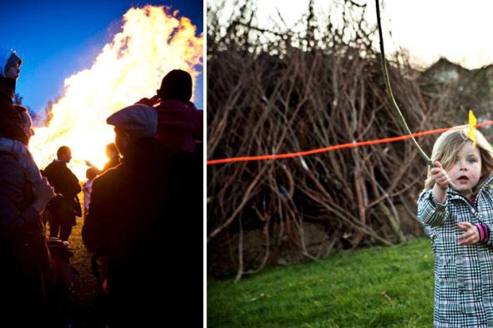 Majbålet brann ordenligt. Bilden till höger: Nova Rådqvist tyckte om att plocka kvistar.