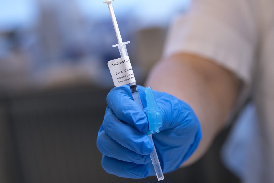 En spruta med Modernas covid-19-vaccin. Arkivbild