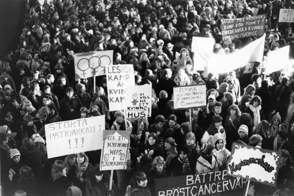 En bild från dn internationella kvinnodagen i Stockholm, den 8 mars 1979.