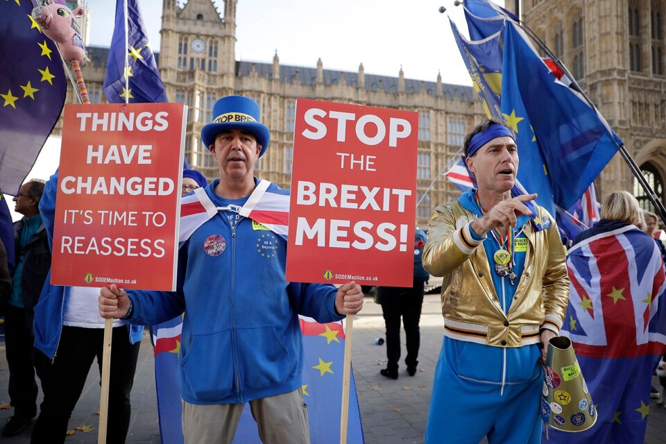 Gatans parlament. Högljudda Brexitmotståndare tar plats utanför parlamentet i Westminster i London.