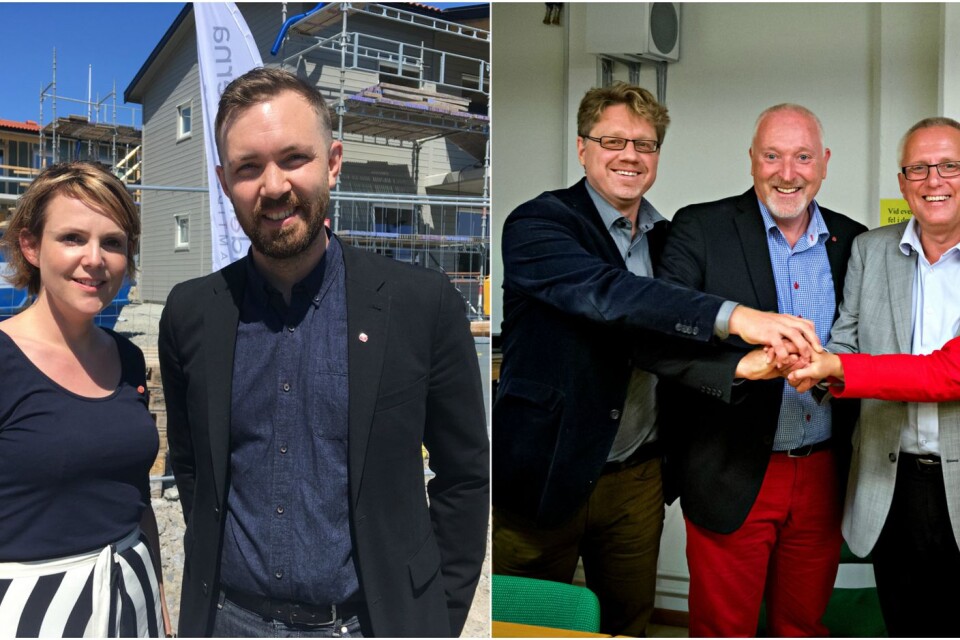 S-duon Sandra Bizzozero och Magnus Manhammar till vänster. Till höger Magnus Larsson (C), Patrik Hansson (S) och Börje Dovstad (L) efter att den nya koalitionen bildades 2014.