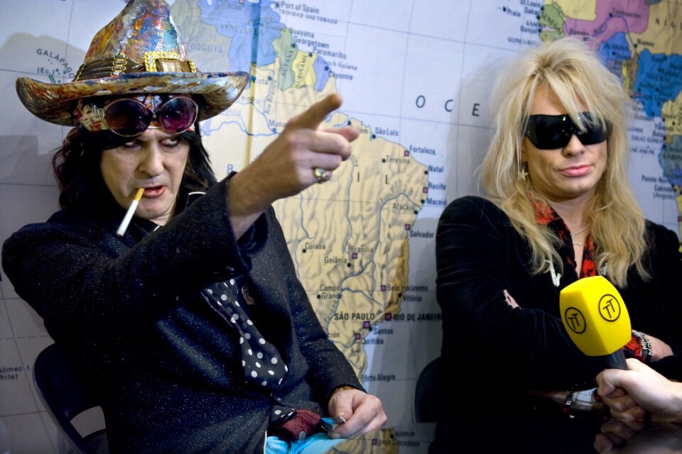 Andy McCoy och Michael Monroe i det legendariska finska rockbandet Hanoi Rocks under ett Sverigebesök. Arkivbild.