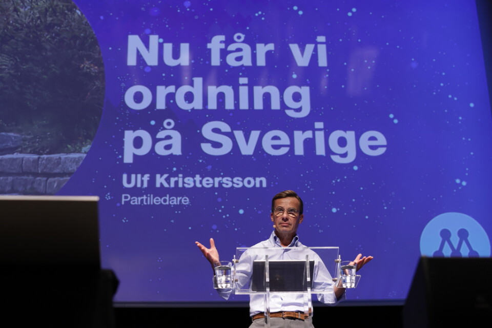 Partiledare Ulf Kristersson talar under Moderaternas valupptakt i Norrköping under torsdagen.