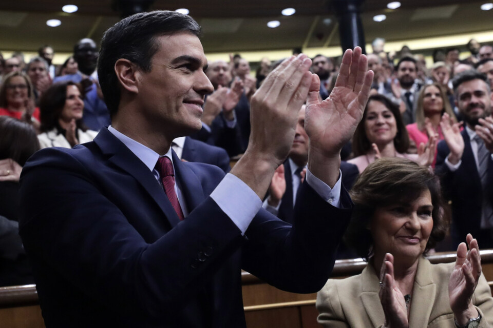 Socialdemokraten Pedro Sánchez applåderar ihop med sina partikamrater efter att med knapp marginal ha säkrat posten som premiärminister.