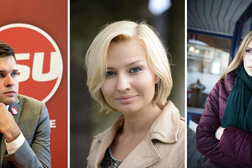 Gabriel Wikström, SSU, Ebba Busch, KD och Hanna Wagenius, C är tre som - mot trenden - valt att engagera sig politiskt.