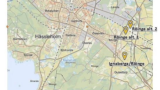 Ännu så länge har inget område förordats framför något annat. Samtliga föreslagna områden i Hässleholm ligger i den östra delen. Karta: Hässleholms kommun