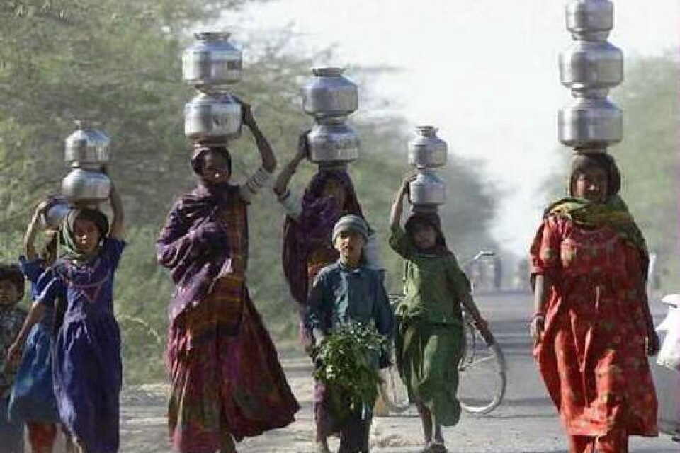 Dessa indiska kvinnor balanserar elegant sina vattenkärl. En bild av vardagen för miljontals kvinnor i tredje världen. En amerikansk forskare kan nu till en del förklara var kvinnornas hämtar sin styrka. Bild: JASON REED