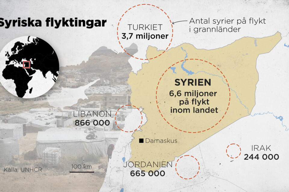 Kartgrafik som visar hur många flyktingar som finns i området runt Syrien.