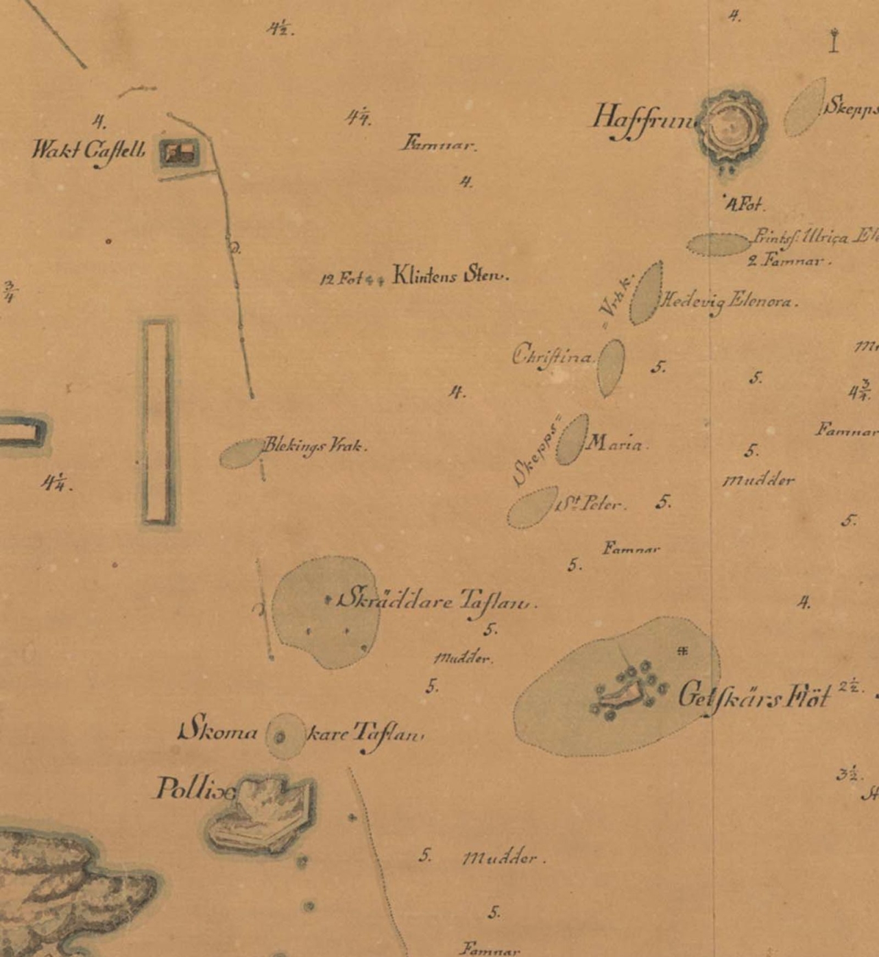 Karta från 1804 pekar ut ett antal vrak i Smöraskens omnejd.