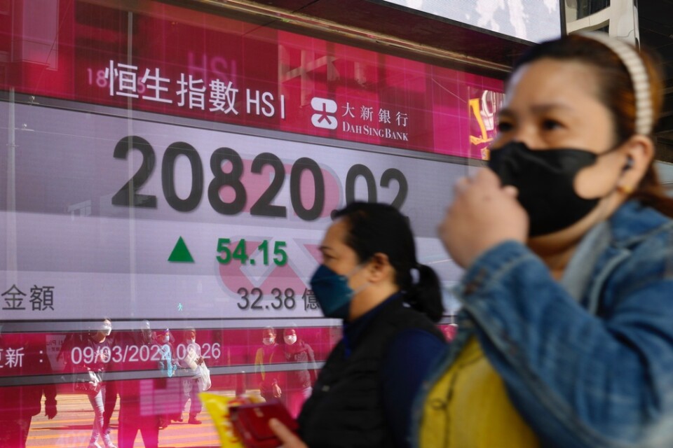 Hongkongs Hang Seng-index stiger i torsdagshandeln. Bilden togs i onsdags.