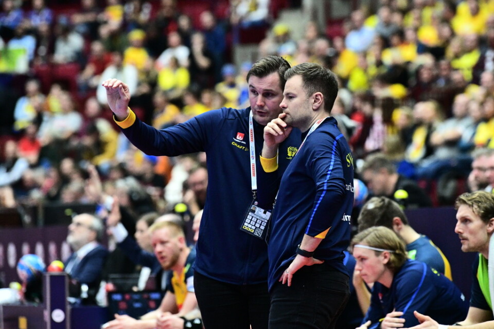Sveriges förbundskapten Kristján Andrésson (till höger) i samspråk med Martin Boquist, assisterande förbundskapten.