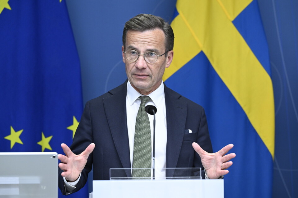 Statsminister Ulf Kristersson (M) under en pressträff på torsdagen.