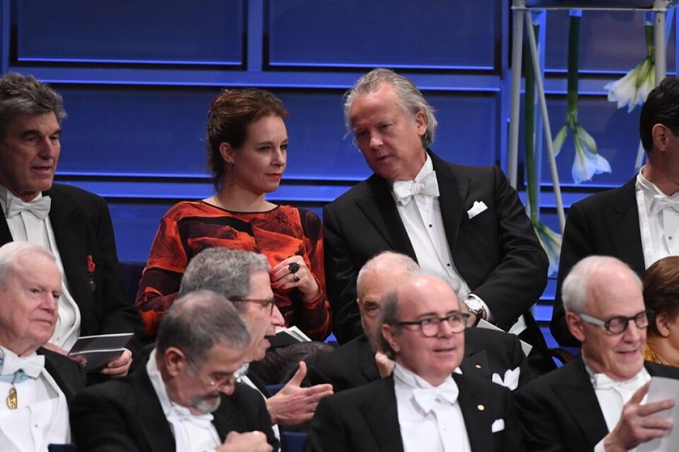 Sara Stridsberg och Klas Östergren inför Nobelprisutdelningen i Konserthuset i Stockholm på söndagen.