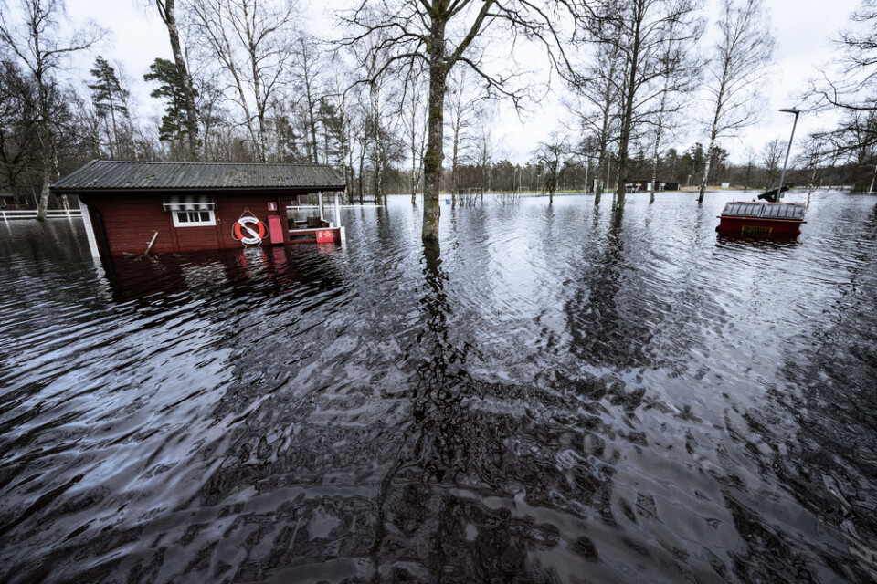 De som drabbas av översvämningar, som här i Knäred i södra Halland tidigare i veckan, kan komma att behöva teckna särskilda försäkringar för översvämningar.