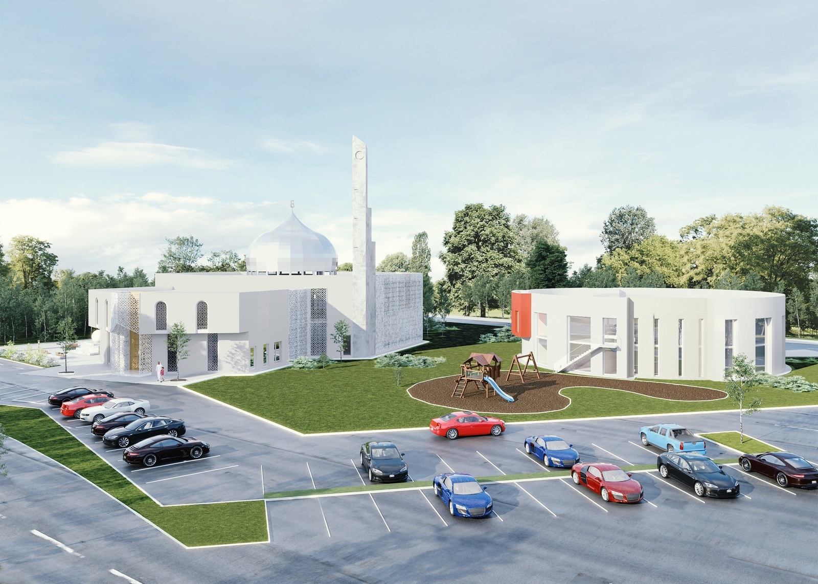 Illustration på nya moskén och den planerade förskolan i Växjö.