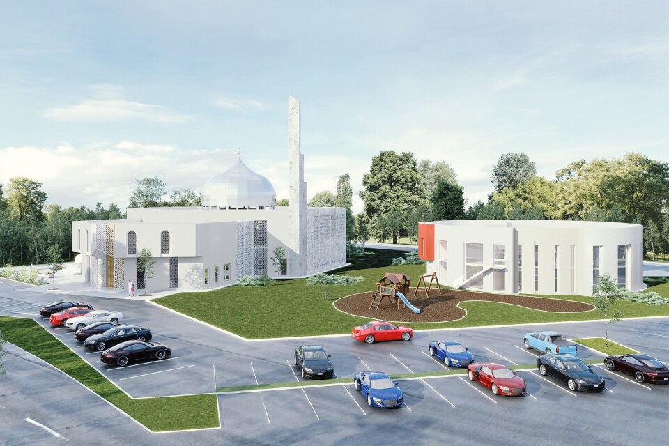 Illustration på nya moskén och en planerad förskola i Växjö.