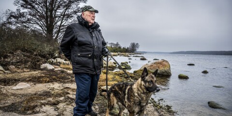 Lasse Neij vid stranden där misstänkta grodmän syntes till för exakt 40 år. Då hade han hjälp av sökhunden Jax. I dag har han en ny hund vid namn Putte.