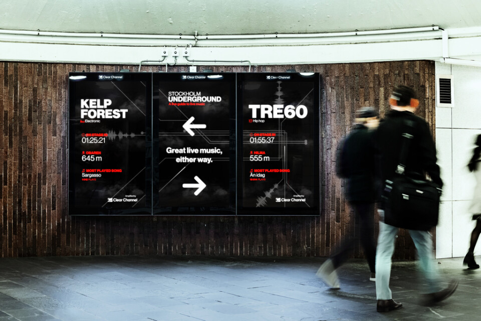 Digitala reklamskyltar i Stockholms tunnelbana ska visa vägen till livemusik i staden. Pressbild.