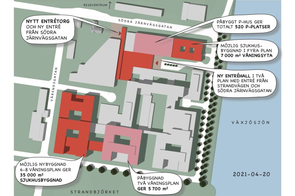 Olof Thedins förslag på hur sjukhuset i Växjö kan byggas ut.