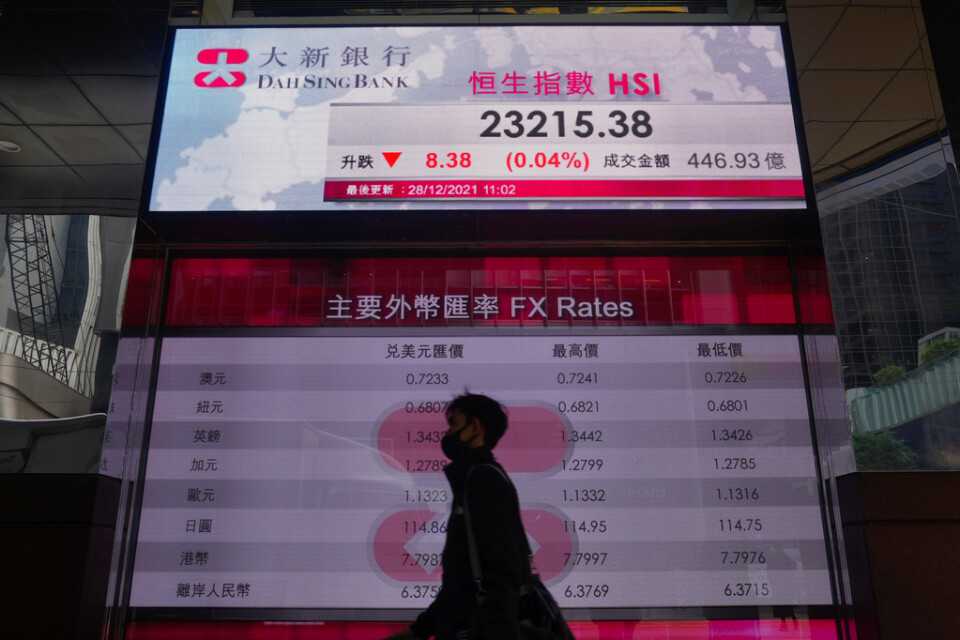 Hang Seng-index i Hongkong backar när årets börshandel inleds. Bilden togs den 28 december.
