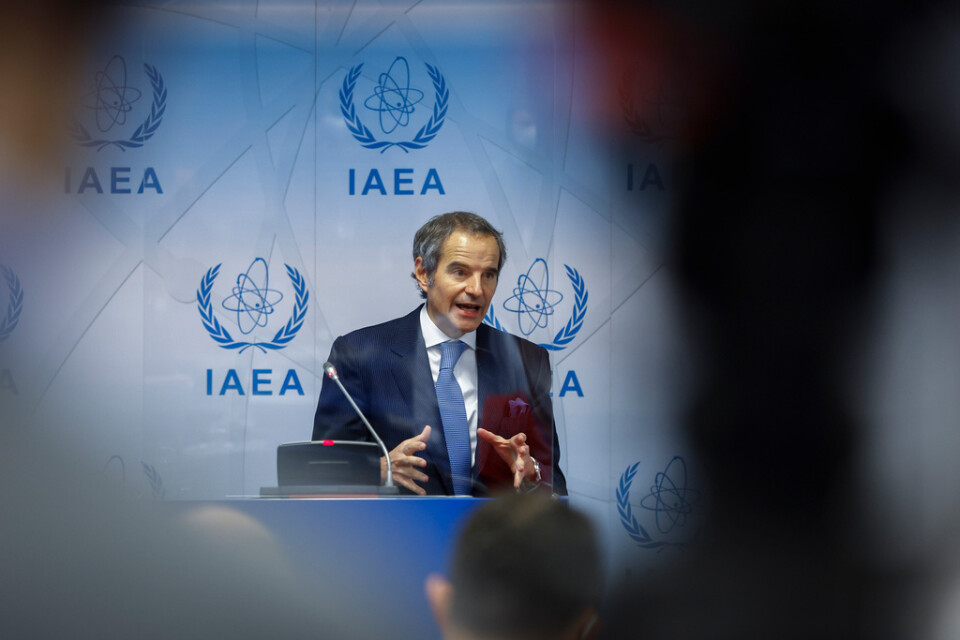 IAEA:s generaldirektör Rafael Mariano Grossi vid en presskonferens på måndagen.