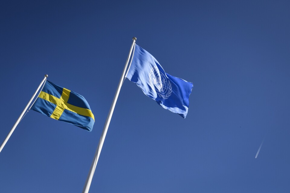 Svensk flagga och FN-flagga.