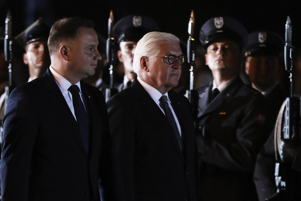 Tysklands förbundspresident Frank-Walter Steinmeier (till höger) deltog i en minnesceremoni i Wieluń tillsammans med Polens president Andrzej Duda (till vänster).