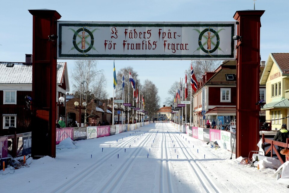 Vasaloppet always takes place on the first Sunday in March, this year 6th March. The photo shows the finishing line in Mora.