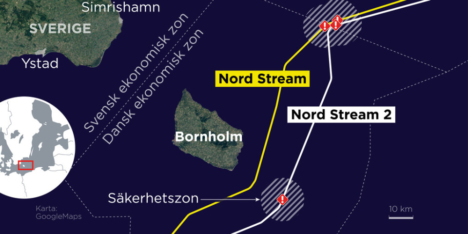 Kartan visar de fyra läckorna på gasledningarna Nord Stream och Nord Stream 2.