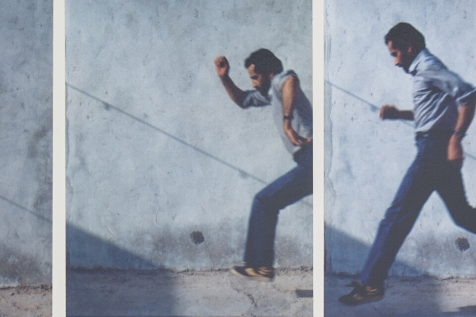 Hassan Sharif, (1951 – 2016), lived and worked in Dubai. He is regarded as one of the most influential artists from the Middle East.  Here Jumping No. 1, 1983, three of seven photos in a collage.