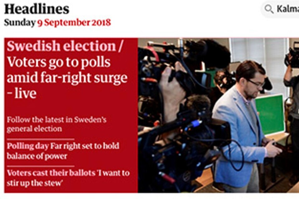 Sverigedemokraterna fascinerar den internationella pressen. Här förstasidan på brittiska The Guardian.