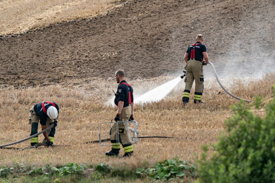 Räddningstjänsten under släckningen av en gräsbrand i södra Sverige förra sommaren. Arkivbild.