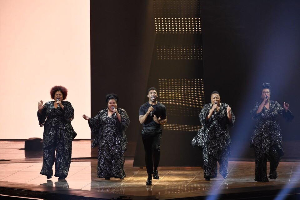 Sveriges John Lundvik framför bidraget Too Late For Love under genrepet inför lördagens final i Eurovision Song Contest 2019.
