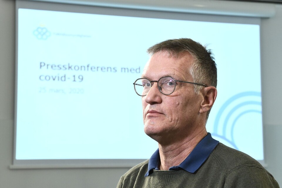 Statsepidemiolog Anders Tegnell, Folkhälsomyndigheten, vid onsdagens pressträff.