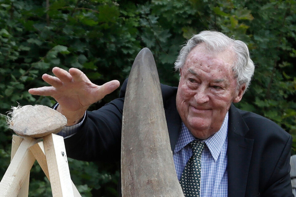 Richard Leakey, världsberömd paleoantropolog och naturvårdare, har dött i sitt hem i Kenya. Han uppmärksammade vid flera tillfällen tjuvjakten på de afrikanska noshörningarna och elefanterna genom att bränna upp betar och horn från tjuvskjutna djur. Här placerar han ett noshörningshorn på en hög med horn för bränning. Arkivbild.