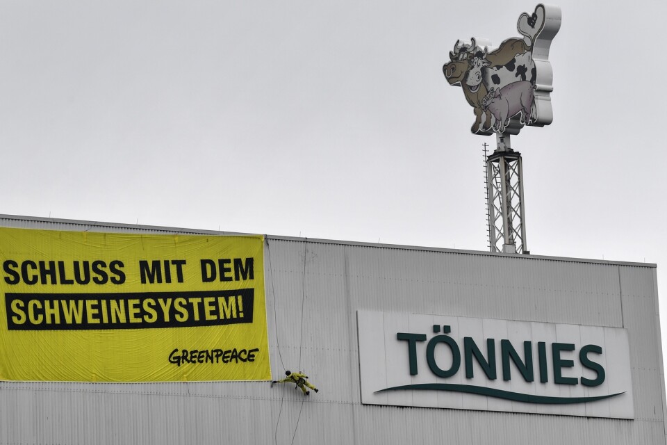 Miljöaktivister utanför köttjätten Tönnies slakteri i Rheda-Wiedenbrück kräver ett "slut på svineriet". Bilden är från i juli. Arkivbild.
