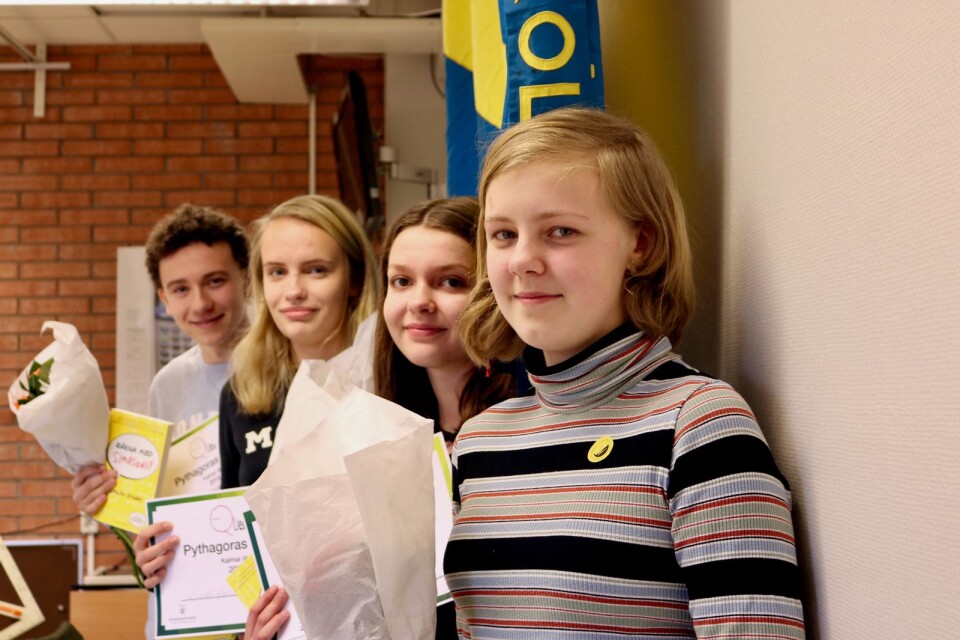Rasmus Johansson, 9a, Linda Karlsson, 9b, Linea Degener, 9b och Maya Johansson, 7b, från Madesjöskolan vann länsfinalen av matematiktävlingen Pythagoras quest på torsdagen.