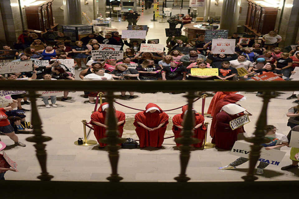 Aborträttsaktivister demonstrerar i Missouris delstatskongress i Jefferson City i lördags.