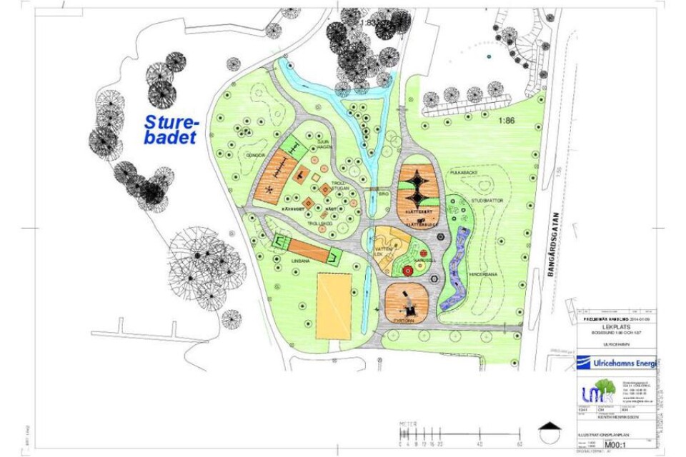 Så här ska den nya lekplatsen se ut när den är färdig någon gång i maj eller juni. Ytan är ungefär 1,5 hektar, eller 15 000 kvadratmeter.