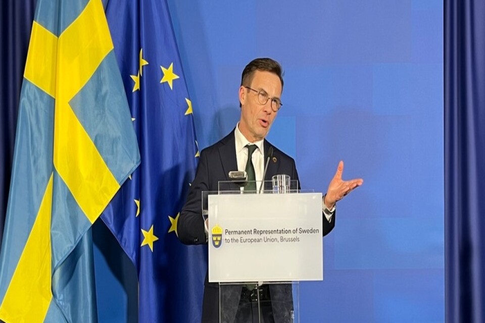 Statsminister Ulf Kristersson (M) vid en svensk pressträff efter EU-toppmötet i Bryssel.