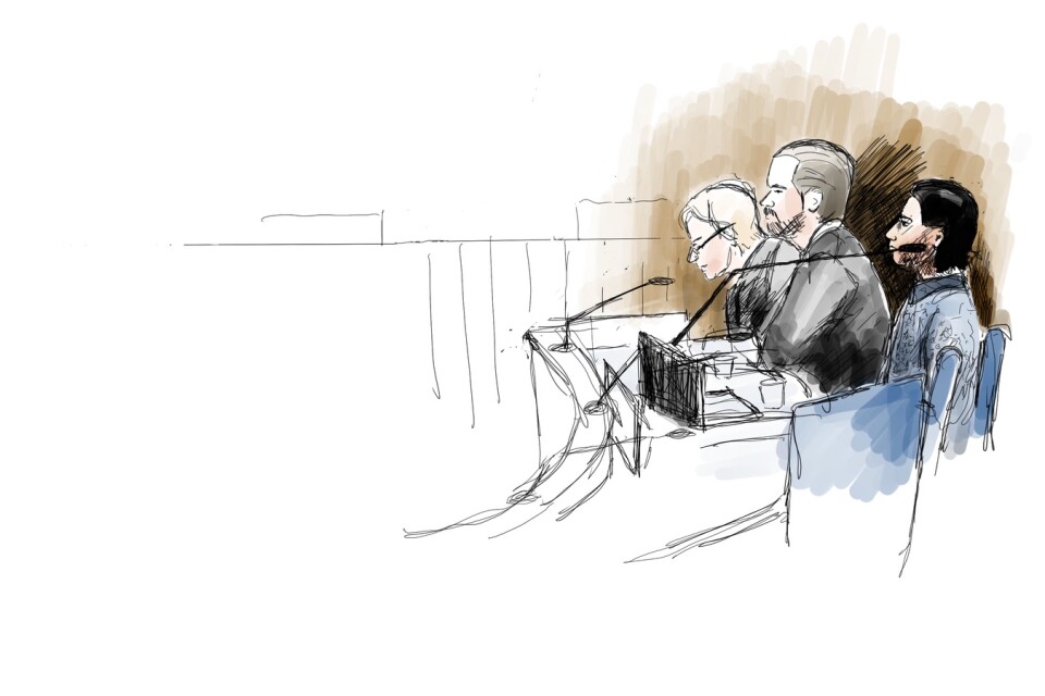 Den åtalade 23-årige mannen, till höger, under första rättegångsdagen i Uddevalla tingsrätt i tisdags. Intill mannen sitter hans två offentliga försvarare, Beatrice Rämsell och Peter Olsson. Teckning.