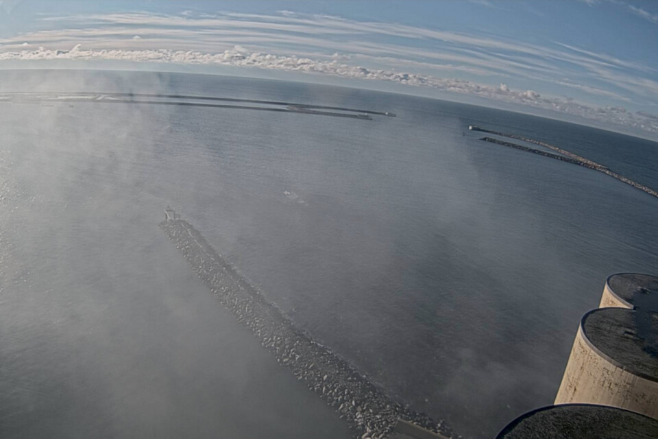 Rök skymtar i bilden från Ystads kommuns webbkamera på Lantmännens silos. Bilden togs kockan 10.