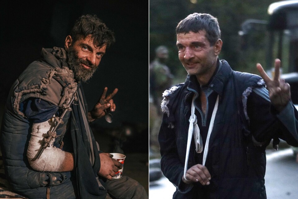 Bilden till vänster visar Michailo Dianov den 11 maj innan de ukrainska styrkorna i stålverket Azovstal kapitulerade. Den andra bilden visar Dianov när han släpptes ur ryskt fångenskap fyra månader senare i ett fångutbyte.