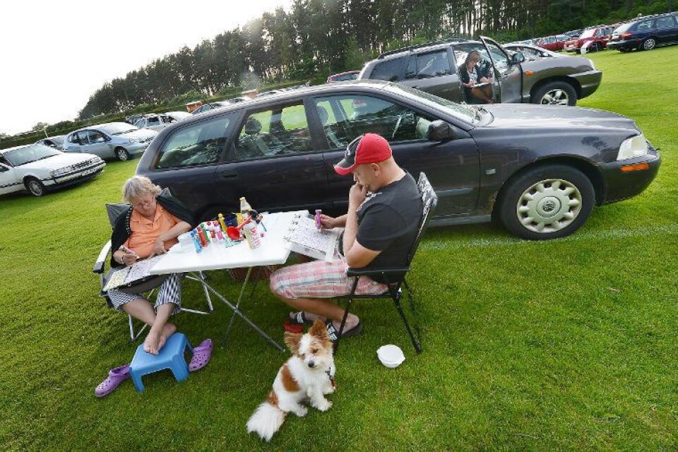 Mona Larsson, kusinbarnet Daniel och hunden Cliffen har valt att sitta i solen utanför bilen.