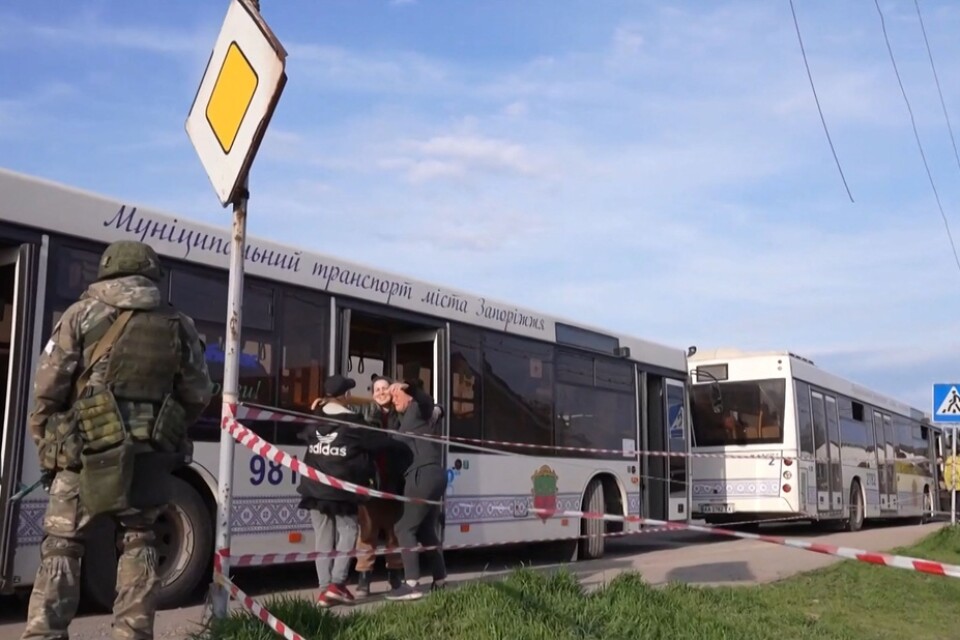 Civila från Azorstal kliver på bussar som ska ta dem ut ur Mariupol. Stillbild från video.