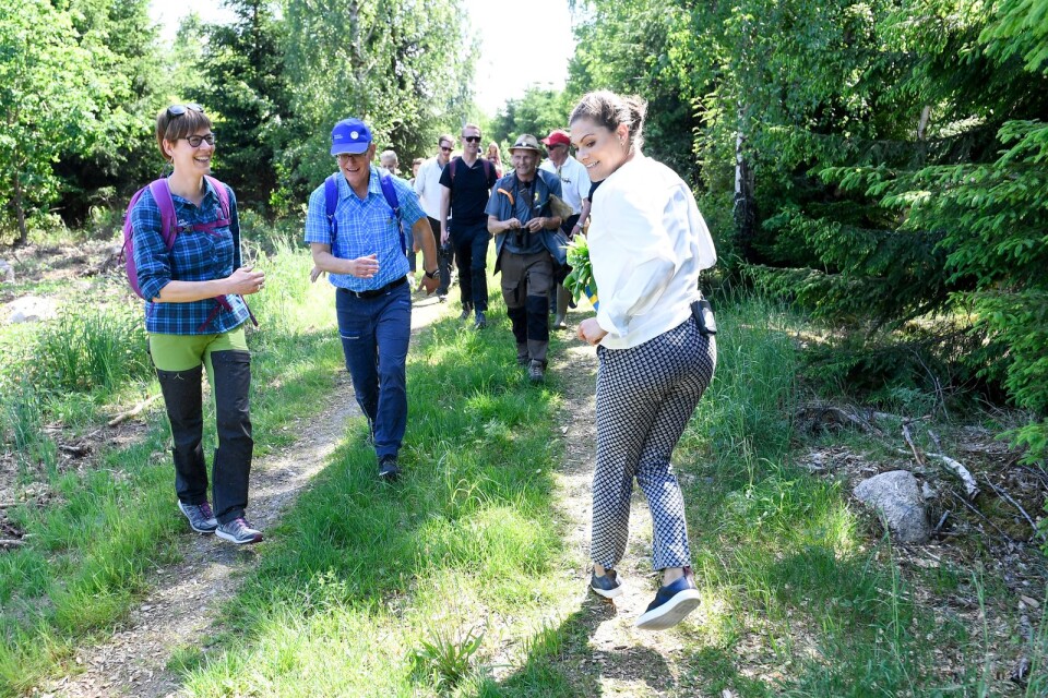 Kronprinsessan Victoria provar på lekfull vandring genom att gå baklänges under en landskapsvandring i Småland.