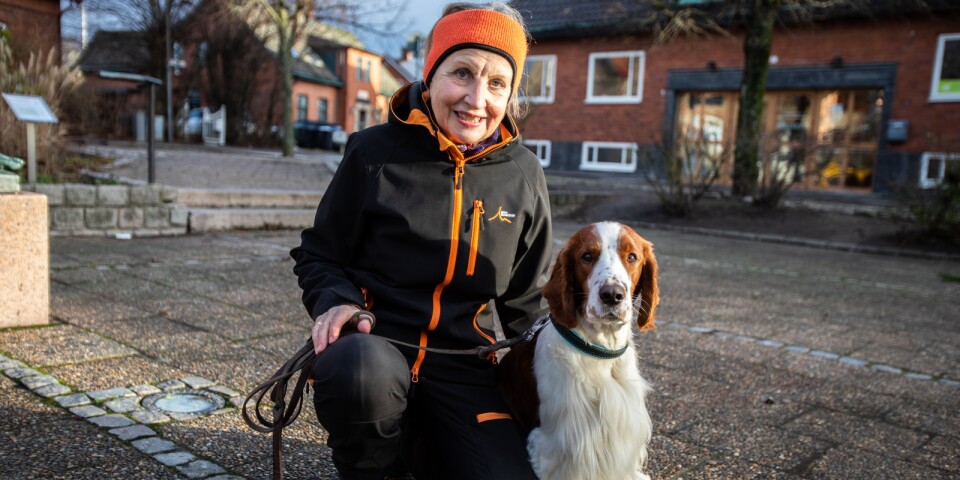 Birthe Wallin och hunden Dexter firade tolvslaget vid Sturups flygplats för att undkomma fyrverkerierna hemma i Anderslöv.